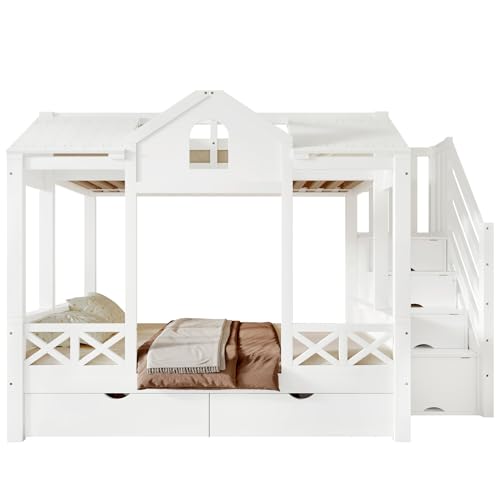 Litera de 90 x 200 cm y 140 x 200 cm, cama con dos cajones con ruedas, cama alta con hermosas ventanas y techo, armario con 4 compartimentos de almacenamiento, pino + MDF + madera contrachapada, color
