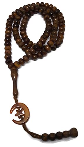Islam Prayer Tasbih 99 Beads AMN-303 Muslim 8 mm. Rosary Bead Moon Star Decorated Tassels Haj Eid Ramadan Gift (Light Brown)