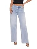 ONESO Wide Leg for Women Mid Low Rise Baggy Jeans Distressed Pants Stretchy Bottom Lady Basic Comfortable Denim (US, Numeric, 28, Regular, Regular, Light Blue)