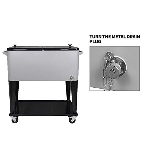 Sharewin 80 Qt Rolling Cooler Cart Ice Chest For Outdoor Patio Deck Party Portable Party Bar Cold Drink Beverage Cart Tub, Backyard Cooler Trolley On Wheels With Shelf, Bottle Opener Silvery #TOP3
