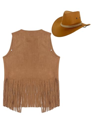 renvena Mens Cowboy Faux Suede Tassel Vest Rivets Fringe Open Front Waistcoat Jacket with Hat4