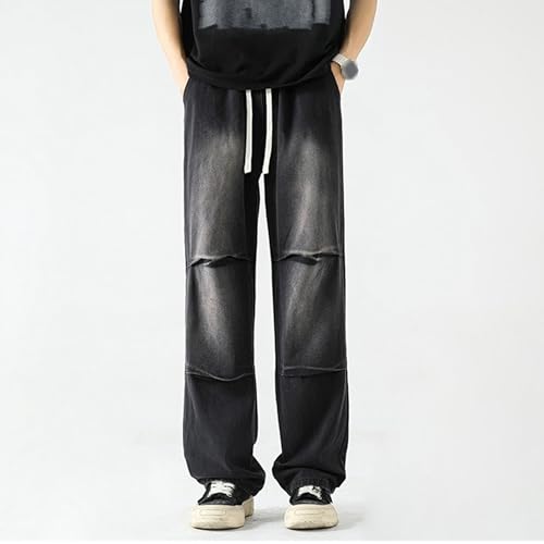 Men's Regular Fit Straight Jeans Stylish Spliced Lightweight Jean Trousers Drawstring Elastic Waist Denim Pants3