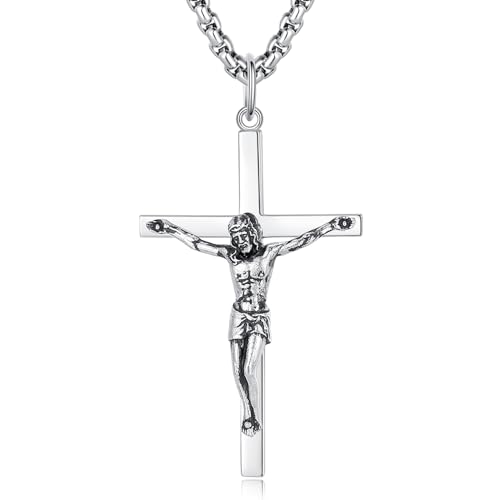 FANCIME Crucifix Cross Necklace Polished Crucifix Necklace Sterling Silver Fine Jewelry Gifts for Him Men, Strong Stainless Steel Box Chain Length 24 Inch