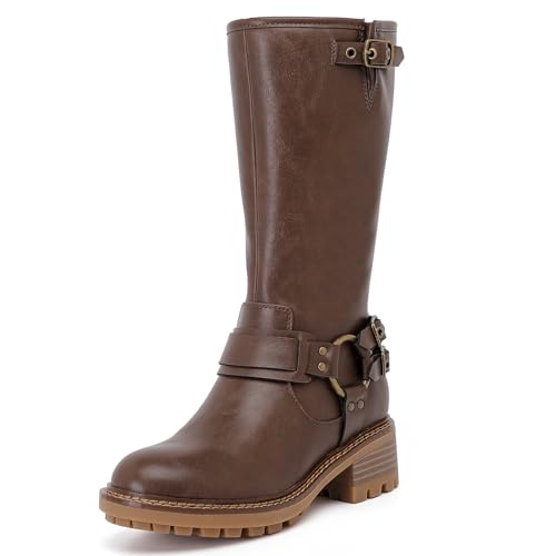 Women's Mid Calf Boots, Flat Casual Round Toe Booties Fashion Buckle Dressy Fall and Winter Low Heeled Boots for Women.