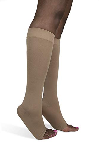Image of SIGVARIS Women's Style Soft Opaque 840 Open Toe Calf-High Socks 30-40mmHg - Nude - Medium Short