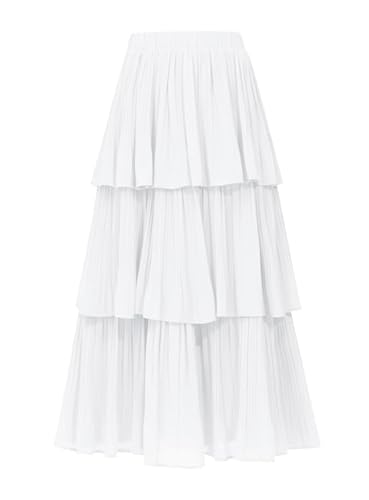 OULESIS Women White Maxi Skirt Ruffle Boho Flowy Long Skirts High Waist Tiered Midi Skirts Vacation Outfits Small