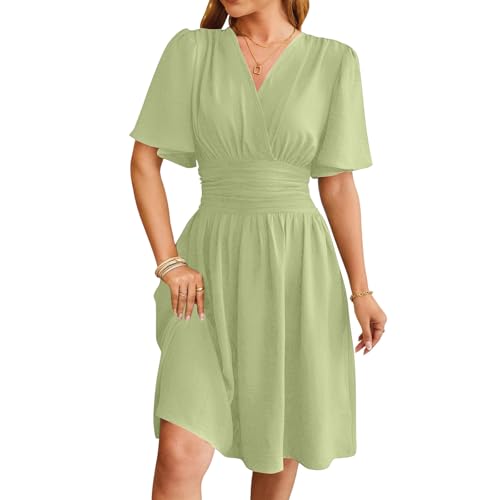 Damen Kleid Lang Elegant A Linien Sommerkleid Damen Leicht Und Luftig Kleider Midi Tailliert Wickelkleid V Ausschnitt Midikleid Kurzarm Damenkleider Sommer Festlich Sommerkleider Schwingen