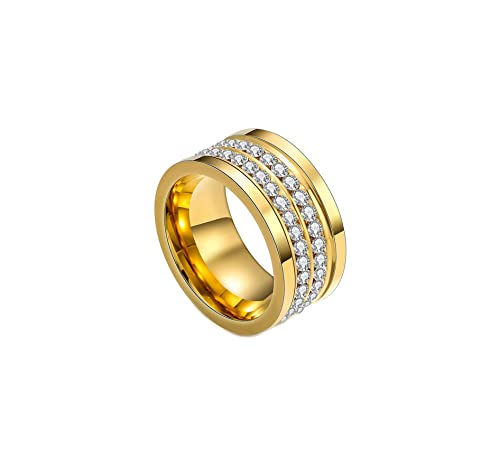 Fashion 18K Gold Stainless Steel Band Ring Two Row Crystal Ring