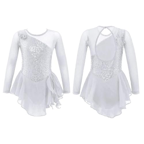 LUYSGBXR Maillot NiñA Girls Figure Ice Skating Dress Sparkly Sequin Gymnastics Dance Ballet Tutu Leotard Kids Long Sleeve Mesh Splice Costume(White,10)