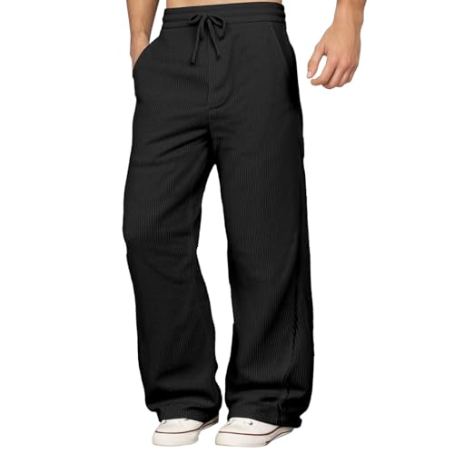 Image of Men's Relaxed Fit Corduroy Sweatpants with Elastic Waistband, Retro Korean Style Casual Trousers for Everyday Wear and Light Sports, Soft Cotton Blend Fabric (Black, L)