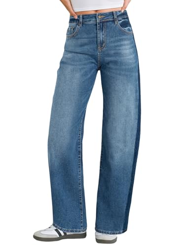 Sidefeel Women's Baggy Jeans High Waisted Stretchy Wide Leg Jeans Color Block Patchwork Barrel Loose Denim Pants