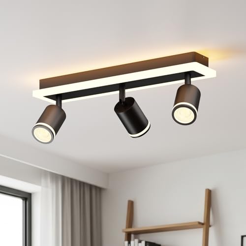 LVWIT Spot de Plafond LED, Luminaire Plafonnier Noir GU10, Luminaire intérieur à 3 Lumières Pour Salon, Base Rectangulaire Avec Barre Lumineuse Intégrée...