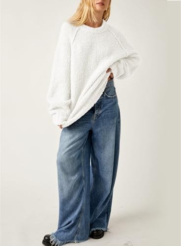 Image of Beaully Women's Oversized Crewneck Sweaters | Oversized style, Tunic sweater, Fuzzy knit, Soft knit, Loose fit, Drop shoulder