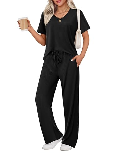 Image of Ekouaer Womens Ribbed Knit Lounge Set Short Sleeve Top and Long Pants Sleepwear Pajama Set Two Piece Matching Outfits Set