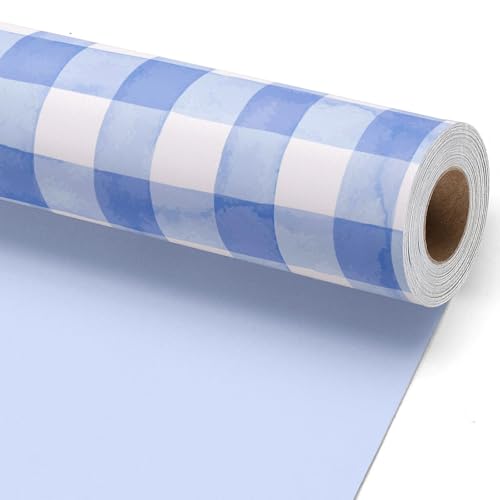 LaRibbons Blue Gingham Wrapping Paper Roll Baby Boy Shower Gift Wrap for Mom-to-Be Newborn & Birthday Premium Cute Blue Checked Gift Paper 17 Inch x 33 Feet