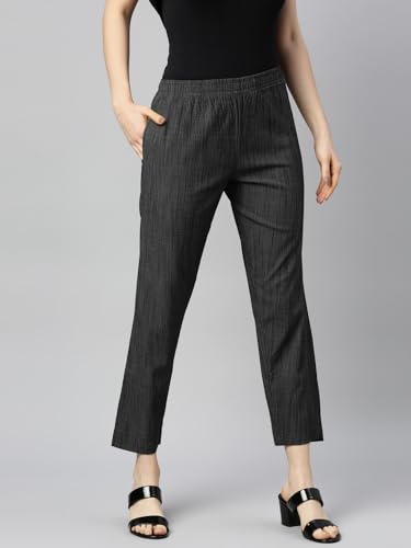 Image of MINELLI Women Solid Cigar Pants, Cotton Lycra Slub Fabric, Elasticated Waistband, Pull On Style, Regular Fit Bottom Wear for Western and Ethnic Wear