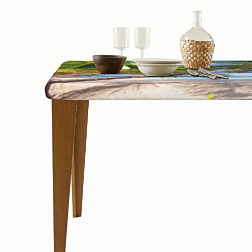 Rectangle Tablecloth Tropical Beach Ocean Palm Tree Summer Blue Landscape Fitted Elastic Edged Waterproof Wipeable Table Cloth Cover Decor 5 Ft Table Pad Cover For Party Dinning Room Picnic #TOP3