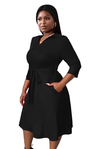 FANDEE Plus Size Midi Dress for Women - Printing Summer Dresses for Wedding Guest Cocktail Party 3/4 Sleeve V Neck（L-5XL）4