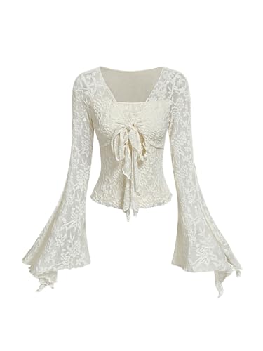 GORGLITTER Women's Mesh Bell Sleeve Tie Front Tops Dressy Casual Fall Long Sleeve Going Out Rave Festival Old Money Top