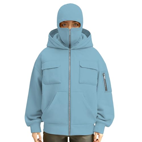 Sudadera negra con capucha y cremallera completa para hombre, pasamontañas integrado y múltiples bolsillos tipo cargo, chaqueta cálida de gran tamaño para deportes y actividades al aire libre, azul