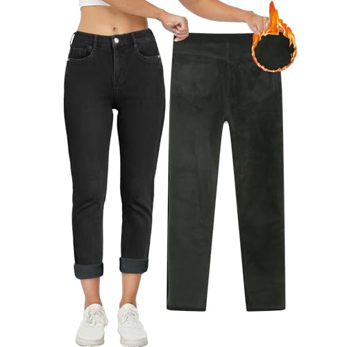 Pantalones de mezclilla para mujer, con forro de felpa, gruesos, rectos, térmicos, para mujer, cintura alta, elásticos, ajustados, para invierno, casuales, relajados, de terciopelo grueso, para mujer