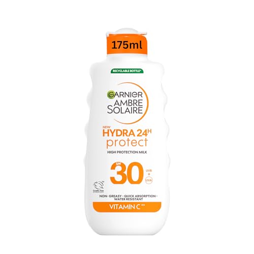 Garnier Ambre Solaire Sun Cream SPF 30 Hydra 24 Hour Protect High protection UVB & UVA Hydrating Sun Lotion Enriched with Vitamin C Water Resistant Sunscreen Non greasy Fast Absorbsion 175ml