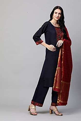 Image of GoSriKi Women's Cotton Straight Kurta with Palazzo & Dupatta (Morning Dark Blue)