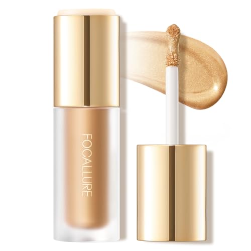 FOCALLURE Shimmer Liquid Highlighter, Smooth Cream Formula and Non-greasy Finish,Delivers a Natural Glow, Long Lasting Illuminator Highlighter Face Enhancing Makeup,Golden Wind