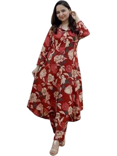 Image of GRECIILOOKS Co ord set for women stylish | Anarkali Kurta-Set - Viscose Printed Kurta & Straight Pant | kurtis| Festive Indian Traditional Outfit Dress for Functions & Puja | Trendy Travel & Streetwear Look for Woman | 3 /4 Half Sleeve