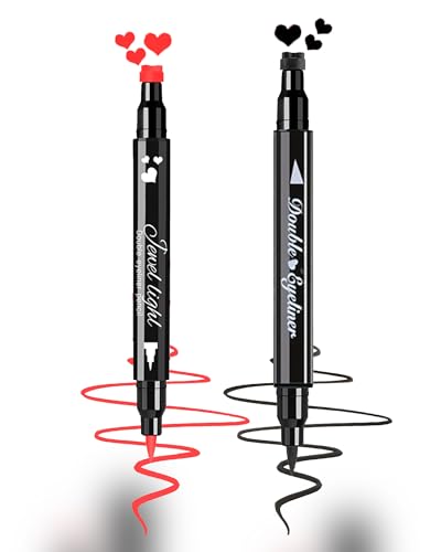 HONLLEY Double-side Liquid Eyeliner Stamps 2 Pcs Waterproof Heart Stamp Black Red Smudge-proof Eye Liner for Halloween Costumes Makeup Love Tattoo de ojos Eyeliner for Valentines Day Long-lasting