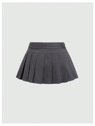 MakeMeChic Women's Pleated Striped Mini Skirt Belted Drop Waisted A Line Y2K Short Skirt2