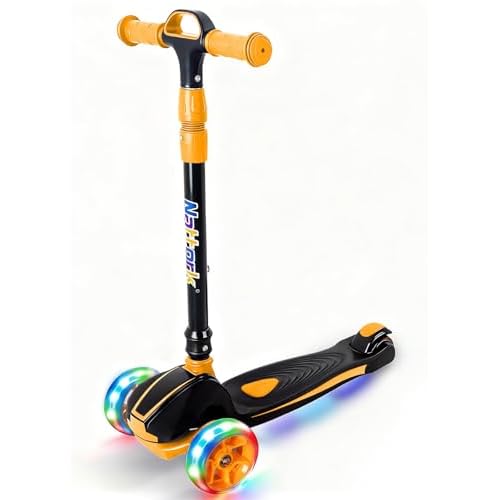 Nattork Kids Scooter for Age 3-8, Toddler Scooter with 4 Adjustable Height for Boys & Girls, Light Up 3-Wheels Foldable Kick Scooter, Lean to Steer, 120LB Weight Capacity Orange