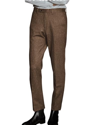 Men's Vintage Tweed Pants Herringbone Trousers Pleated Front Regular Fit Dress Pants