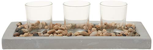 Briarwood Decorative Rustic Cement Tray, Natural Pebbles, And 3 Clear Glass Votive Candle Holders, Gray #TOP1