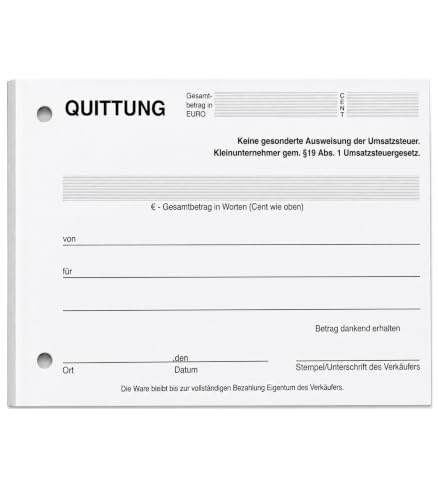 1x Quittungsblock Kleinunternehmer 19 A6 quer 100 Blatt gelocht