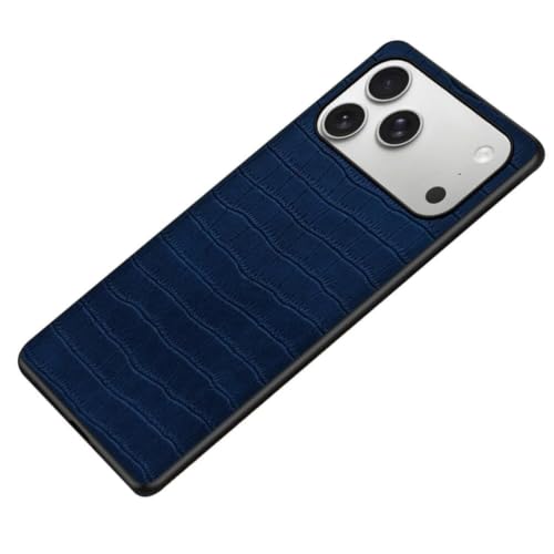 Coque iPhone 17 Pro fine cuir crocodile bleu sans traces de doigts