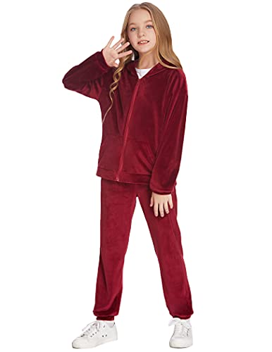 Hopeac Tracksuit Sets Girls 2 Piece Sweatsuits Velour Zip Up Hoodie & Sweatpants Jogging Suits Outfits #TOP1