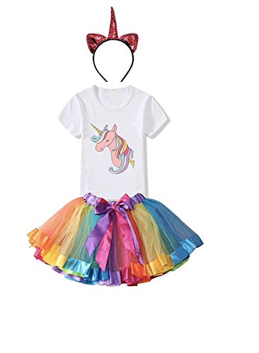 Image of FancyDressWale Unicorn Birthday Princess Dress for Girls Tutu Skirt, T-Shirt and Assorted Head Band