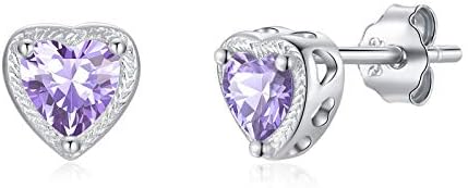 Qings Birthstone Earrings Heart Studs, 925 Sterling Silver Birthstone Studs Cubic Zirconias Earrings, 12 Months Jewellery for Women Mother Girls Gift For Engagement Birthday Anniversary Wedding