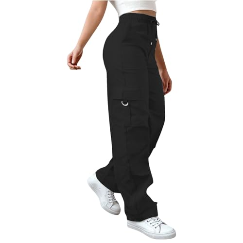 Cargo Pants For Women UK High Waist Combat Trousers With Multiple Pockets Solid Color Drawstring Tracksuit Bottoms Baggy Lightweight Wide Leg Trousers Ladies Casual Jogging Pants Hiking Walking - Image 2