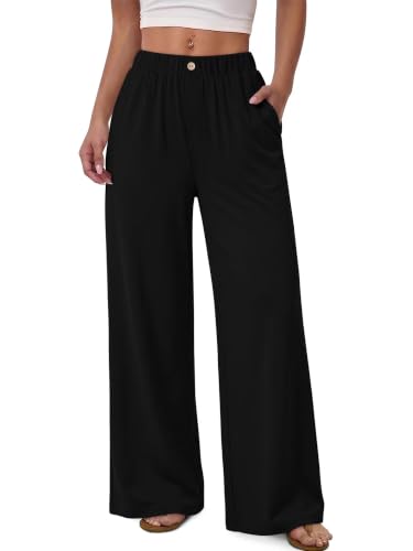 KISSMODA Womens Casual Palazzo Pants 2026 Summer Business High Waist Wide Leg Trousers with Elastic Waist Band Black L