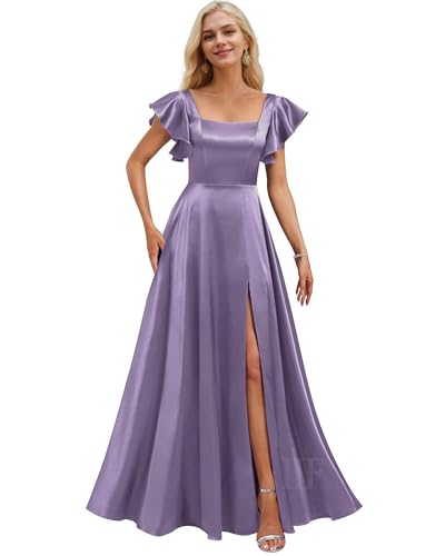 Image of IIF Short Sleeve Bridesmaid Dresses with Pockets Square Neck A-Line Satin Prom Gown Dress for Women with Slit IIF134