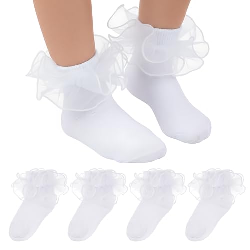 Topbuti 2 Pairs Toddler Girls Ruffle Dress Socks Double Lace Turn Cuff Frilly Princess Socks Cotton Crew Socks for Baby Girls (Large, White)