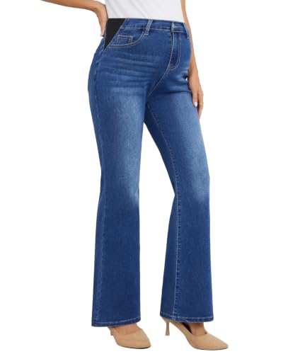 Image of PACBREEZE Women's Maternity Flare Jeans Mid-Rise Stretchy Bell Bootcut Jeans Denim Pregnancy Pants, S-XXL