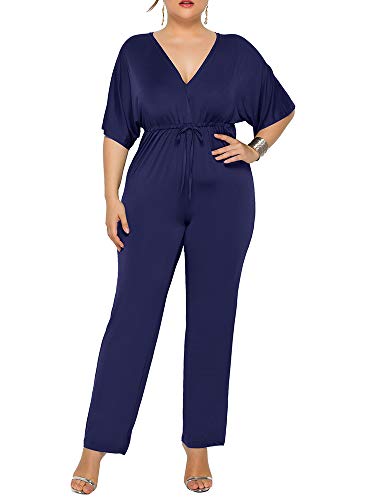 pedkit Mulheres Plus Size Macacões Batwing Mangas Decote Em V Profundo V Cordão Voltar Cintura Alta