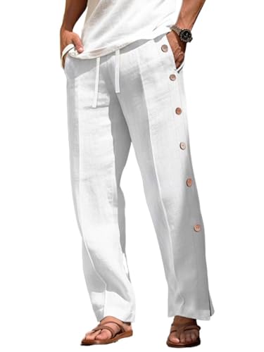 Men's Linen Trousers Drawstring Elastic Waist Side Buckle Solid Color Breathable Comfort Daily Vacation Casual(White,M)