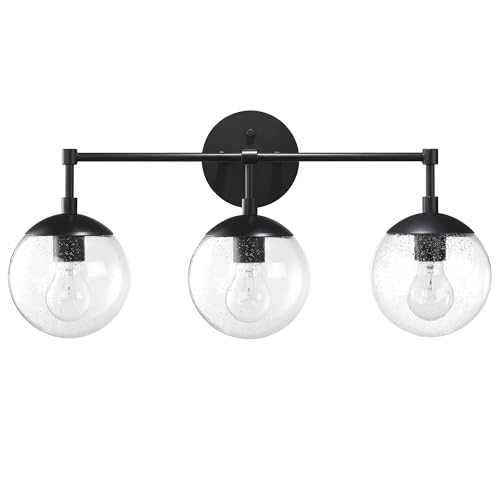 Image of Design House Gracelyn Matte Black 3-Light Bathroom Vanity Light, Clear Seedy Glass Globes, Dimmable, 24 in. W, 588889-BLK