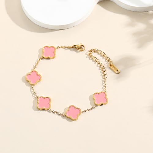 Image of AIPPK 18K Gold Plated Clover Lucky Bracelet for Women White /Black /Red /Green Flower Four Leaf Link Bracelets Trendy Jewelry Gifts for Women