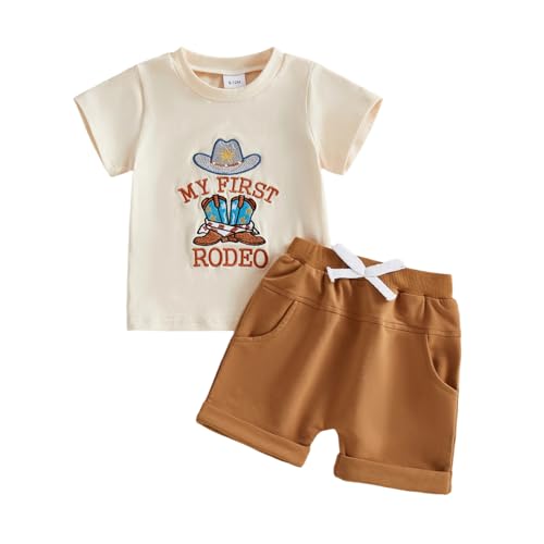 FYBITBO 1st Birthday Baby Boy Outfit My First Rodeo Cowboy Short Sleeve T-shirt Solid Shorts 12 18 Month Old Clothes Sets (Brown 12-18 Months)