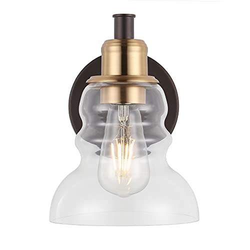 Image of JONATHAN Y 6.5 inch Brass Gold /Oil Rubbed Bronze Modern Industrial Rustic 1-Light LED Vanity Light with Clear Glass Shade, Vintage Wall Sconce for Bathroom Kitchen Hallway, LED Bulb Included JYL3544A